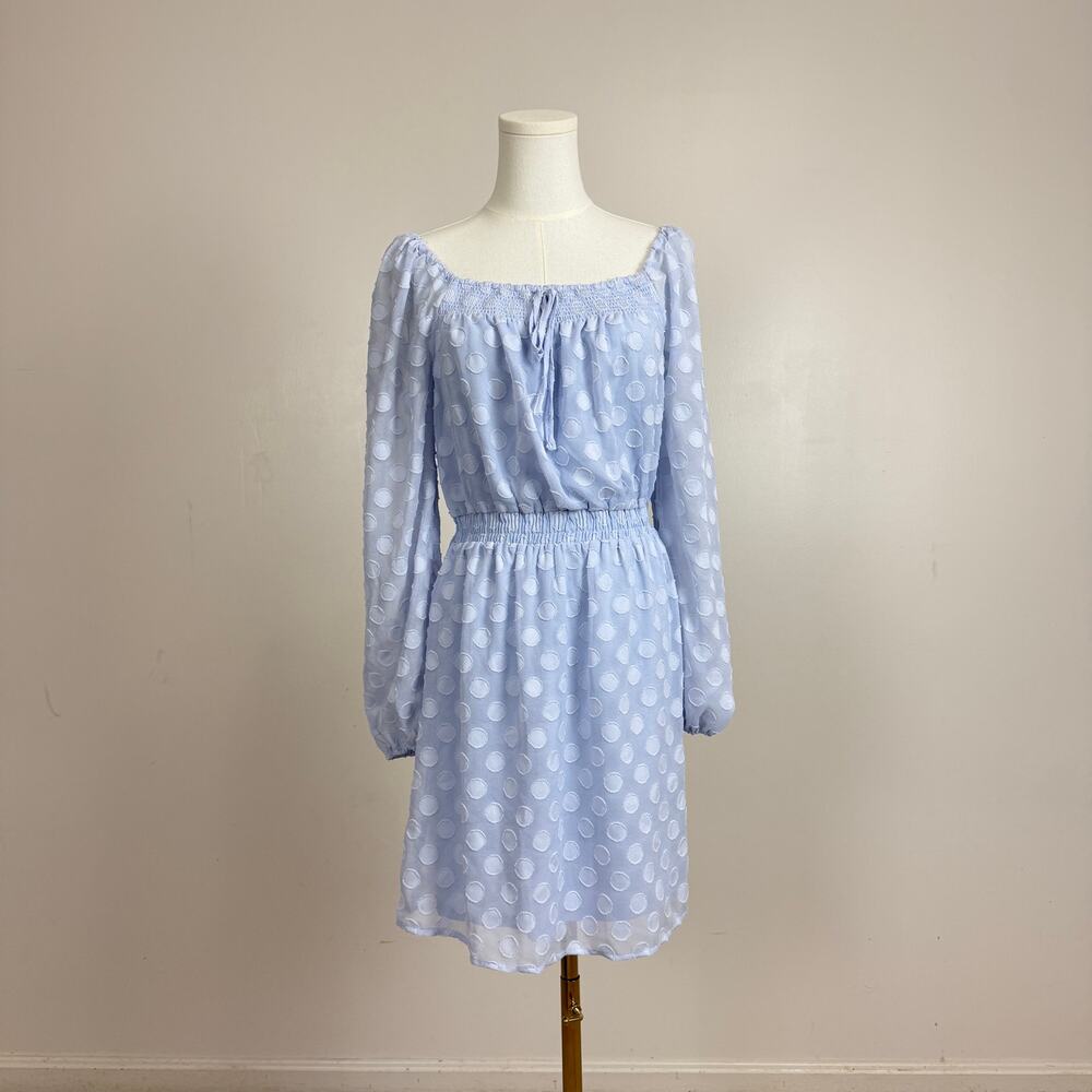 NWT LC Lauren Conrad Light Blue Clip Dot Square Neck Smocked Dress Size Small